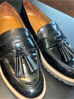 Franco Sarto Black Patent Tassel Loafers with Lug Sole